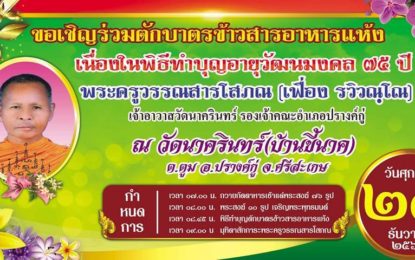 ขอเชิญร่วมทำบุญอายุวัฒนมงคล ๗๕ ปี ๕๕ พรรษา พระครูวรรณสารโสภณ (เฟื่อง รวิวณฺโณ) เจ้าอาวาสวัดนาครินทร์ – รองเจ้าคณะอำเภอปรางค์กู่ ๒๗ ธันวาคม ๒๕๖๒